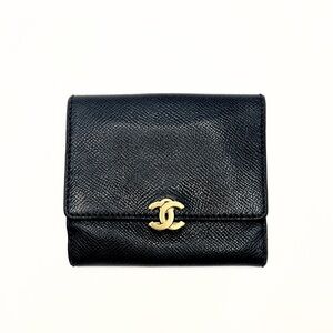 Authentic CHANEL Black Leather Folding Compact Wallet Gold Tone CC